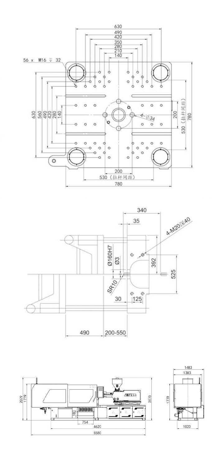 Outline-Size-Drawing_200-ton-Injection-Molding-Machine-Specification_Guanxin-plastic-machinery manufacturer